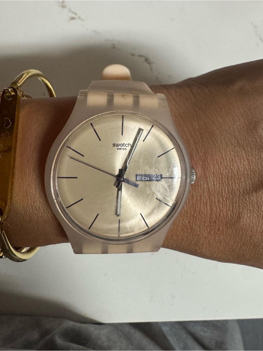 Swatch Pale Pink Translucent Minimal Analog Watch with Date